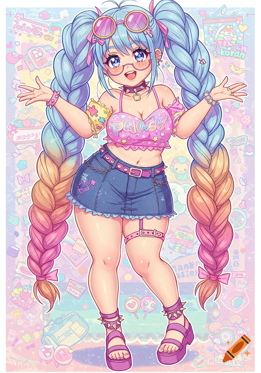 Anime gyaru girl with long blue and pink braids, sunglasses, crop top, and denim skirt