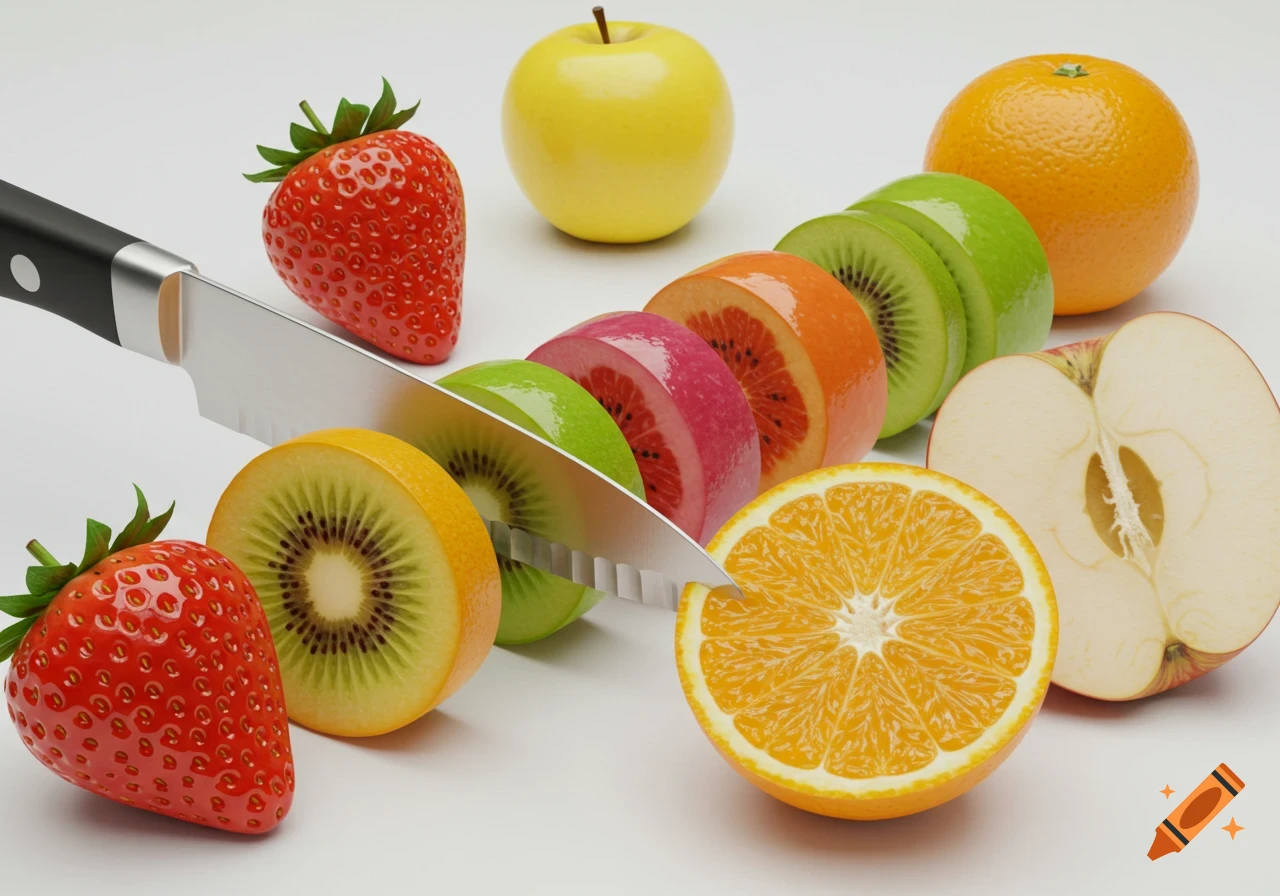 A knife slices through various cut fruits arranged in a line, including strawberry, kiwi, orange, and apple.