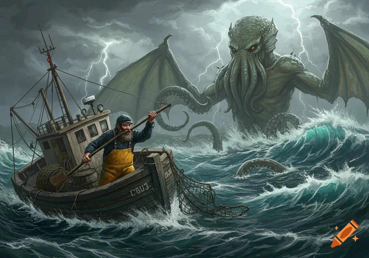 Digital painting of a fisherman in a boat on a stormy sea battling a large Cthulhu monster.