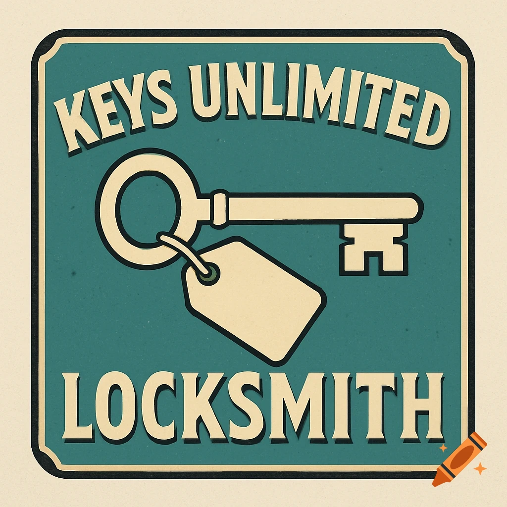 A vintage-style sign with the text 'KEYS UNLIMITED LOCKSMITH' and a large key with a blank tag.