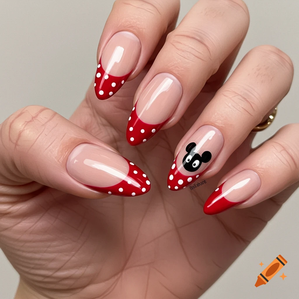 Hand with long almond nails featuring red French tips with white polka dots and a black Mickey Mouse head design on one nail.