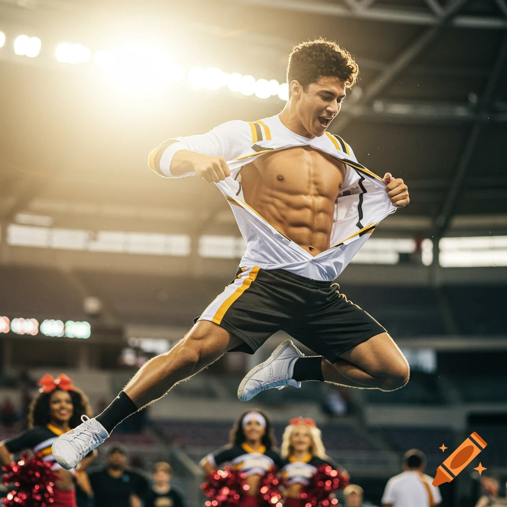 A male cheerleader jumps in the air at a stadium, ripping open his shirt to show his abdominal muscles.