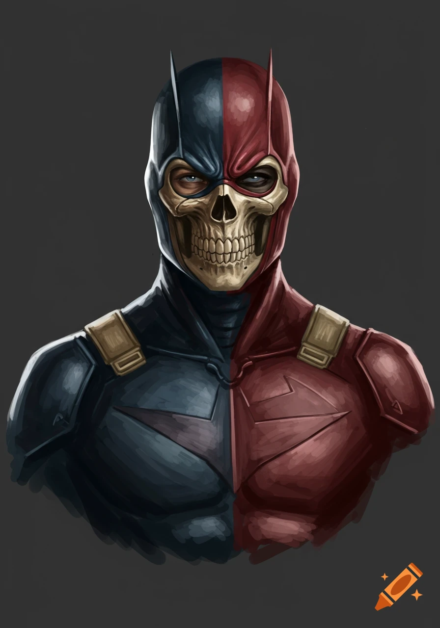 Bust portrait of a superhero figure with a split face, half masked and half skull, wearing a blue and red suit.