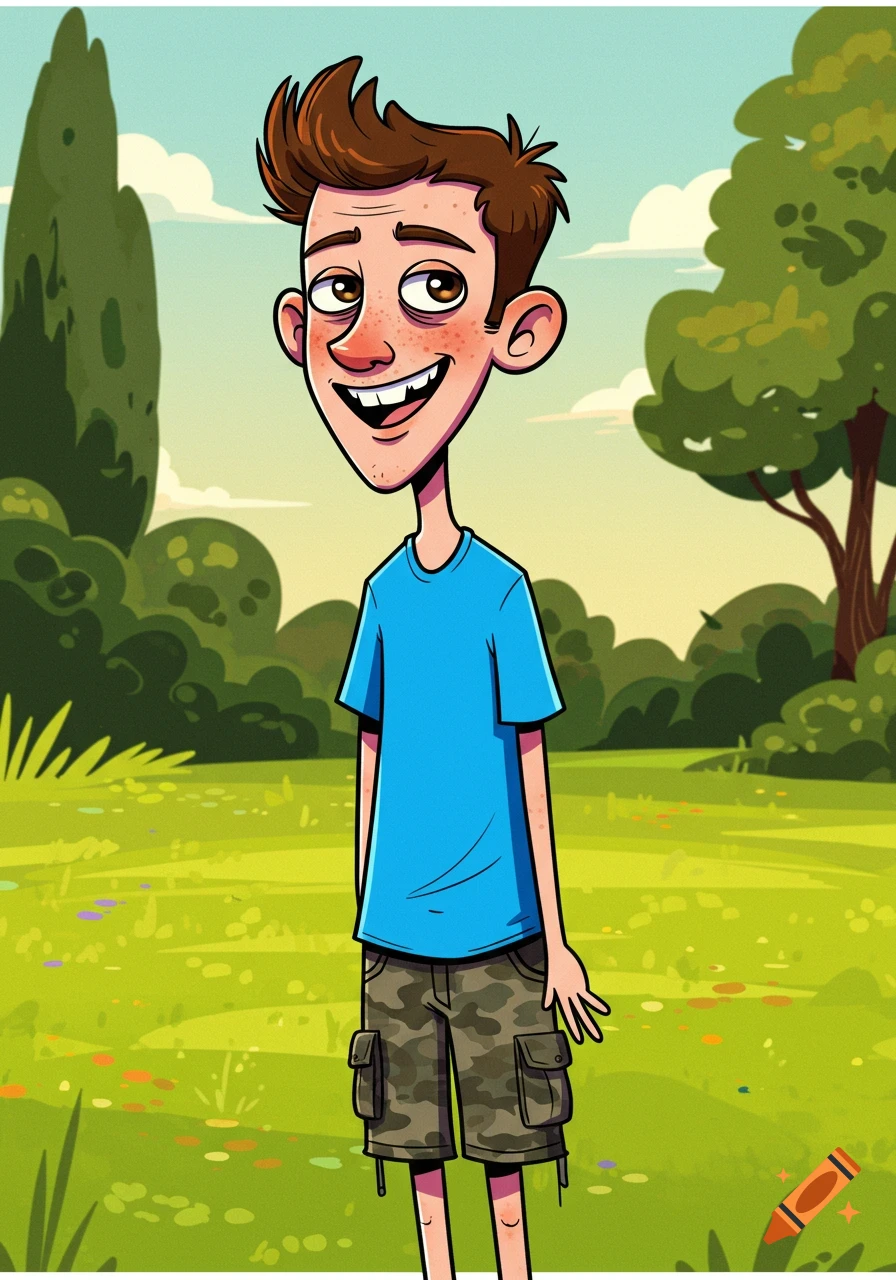 Cartoon boy with freckles, buck teeth, blue shirt, and camo shorts stands in a park.