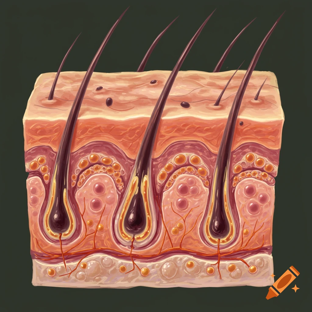 Detailed illustration of a human skin cross-section showing hair follicles, epidermis, and dermis layers.