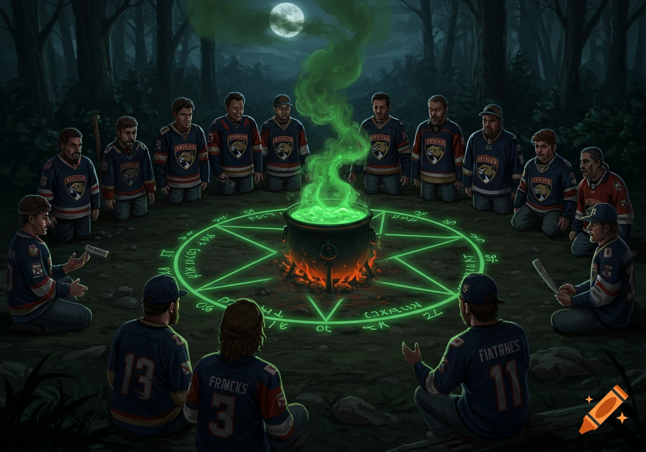 Group of people in hockey jerseys performing a ritual around a glowing pentagram and cauldron in a dark forest at night.
