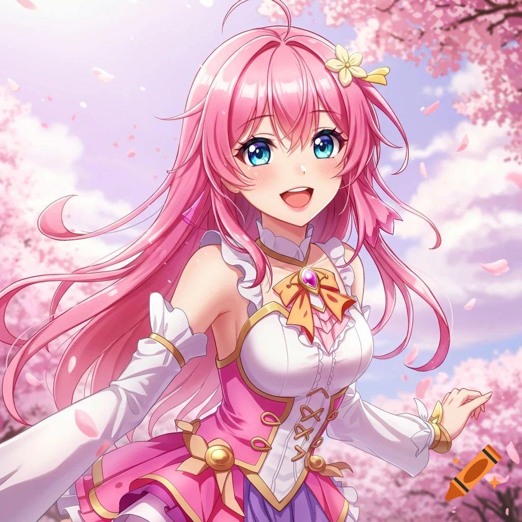 Anime girl with pink hair and blue eyes in a pink dress smiling in a cherry blossom forest.