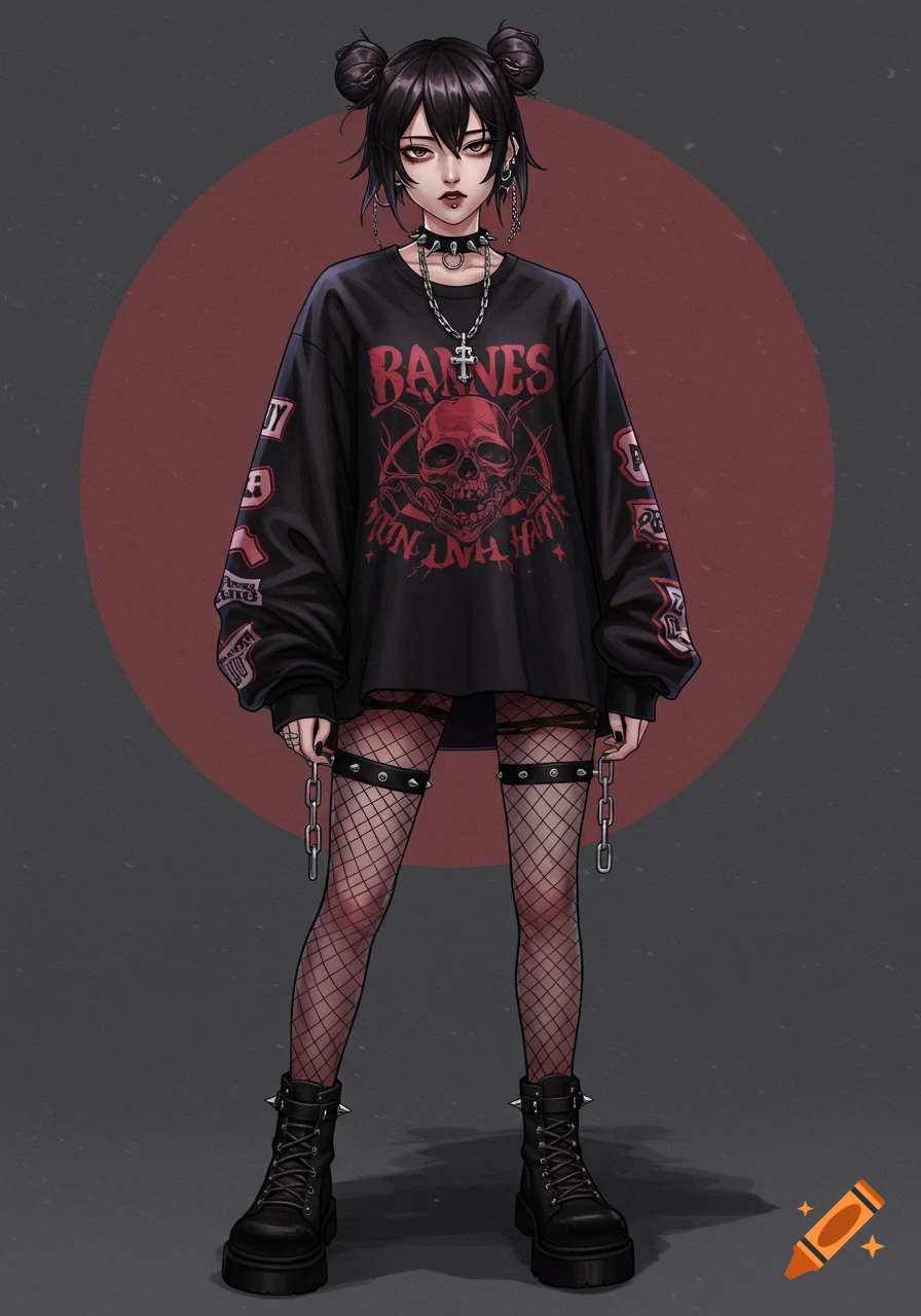 Anime portrait of a woman in grunge/goth fashion: skull shirt, fishnet stockings, studded garters, platform boots.
