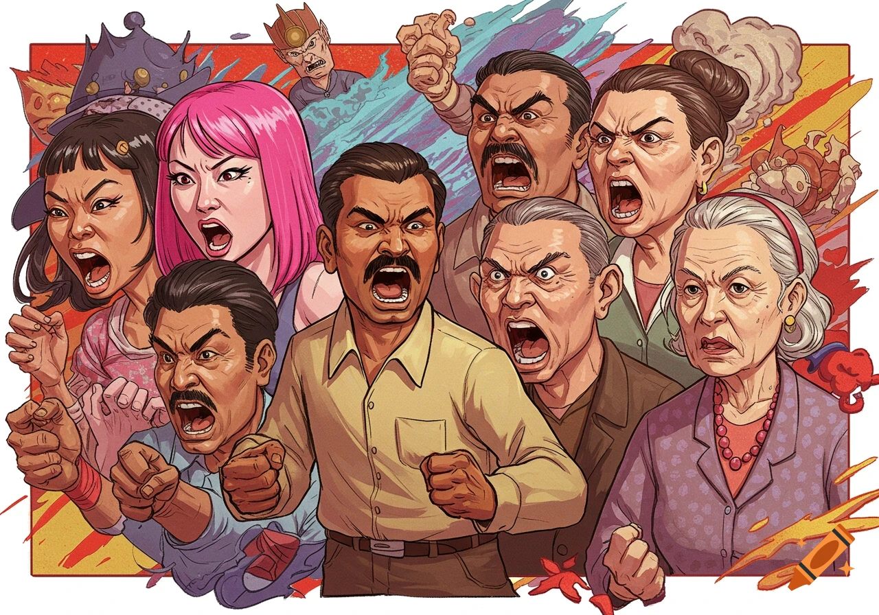 Illustration of a group of people with angry expressions, except one person who appears calm.