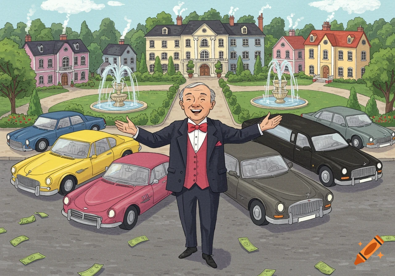 Children's book illustration of a smiling wealthy man in a suit standing among multiple cars and scattered money in front of a large mansion.