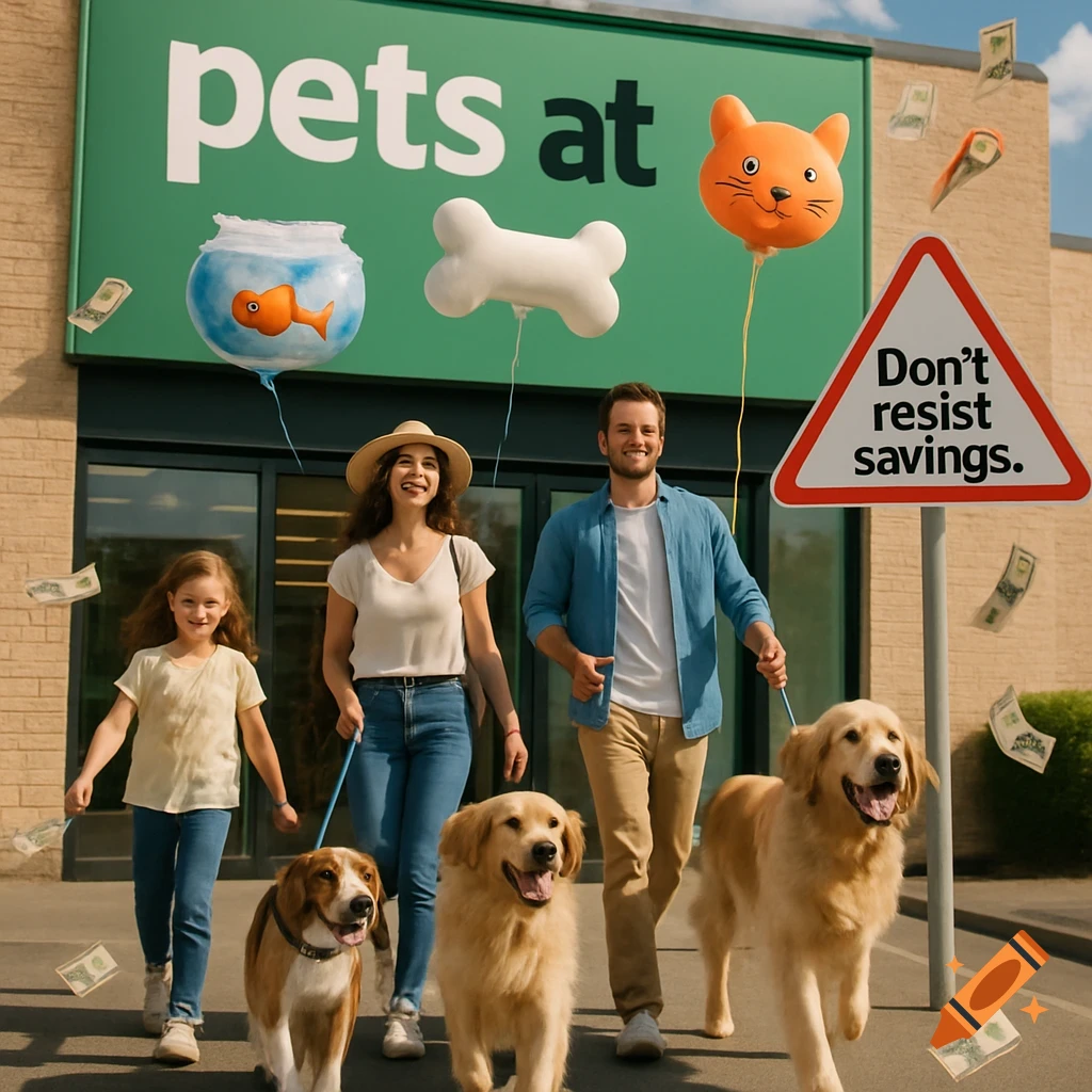 Family and dogs leaving a 'pets at' store with balloons, money flying, and a sign saying 'Don't resist savings.'