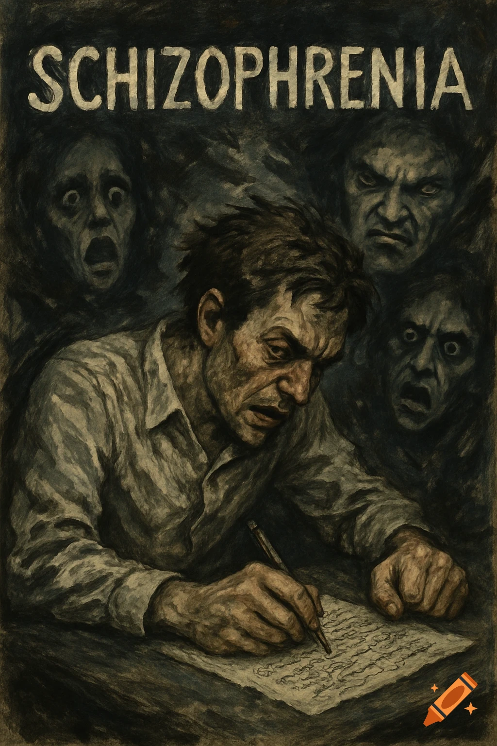 Dark illustration of a man writing, surrounded by distorted faces, with 'SCHIZOPHRENIA' above.