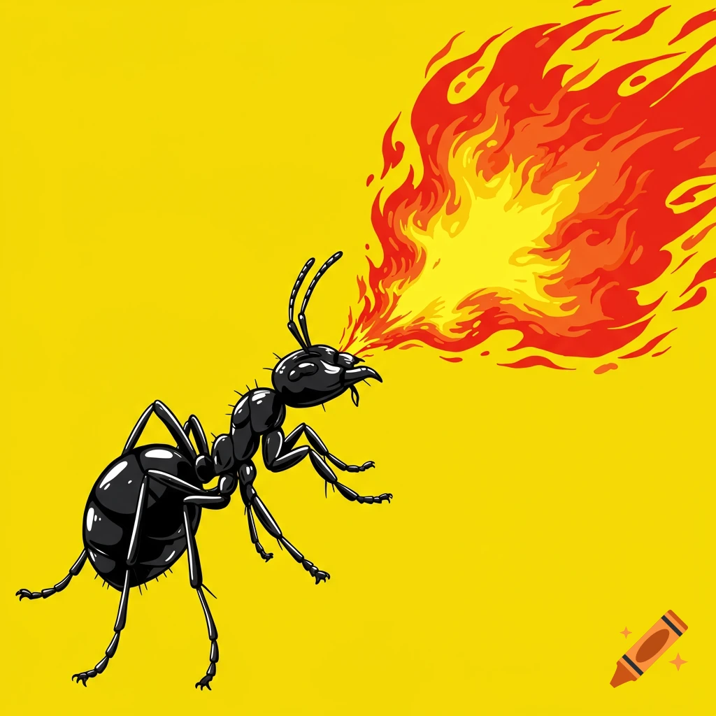 A stylized black ant breathes red and yellow fire on a bright yellow background.