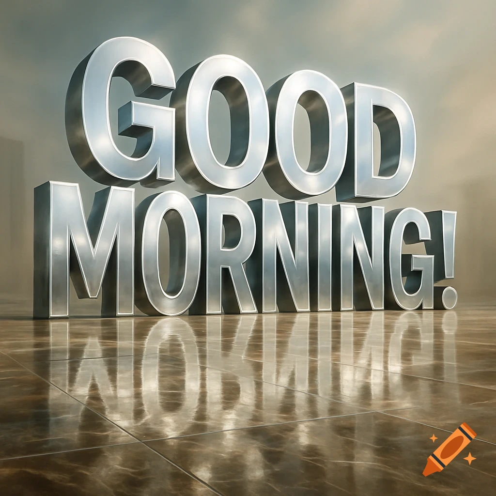 Large shiny silver text says "GOOD MORNING!" on a reflective brown tiled floor.