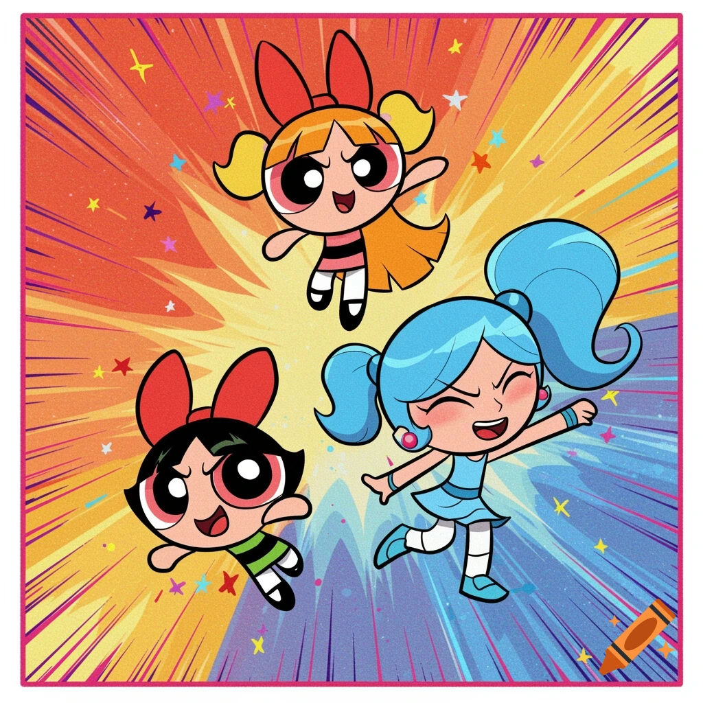 Powerpuff Girls characters flying against a colorful comic-style background