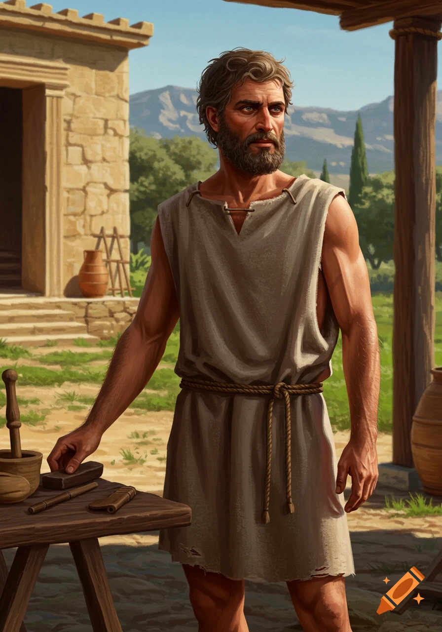 A man in ancient Greek clothing stands outdoors with tools.