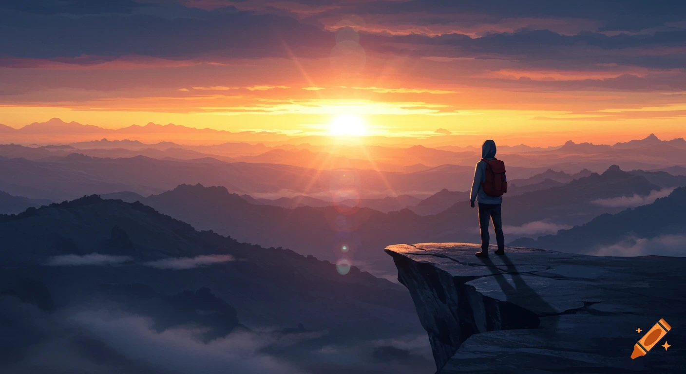 A person stands on a cliff overlooking a foggy mountain landscape at sunrise.