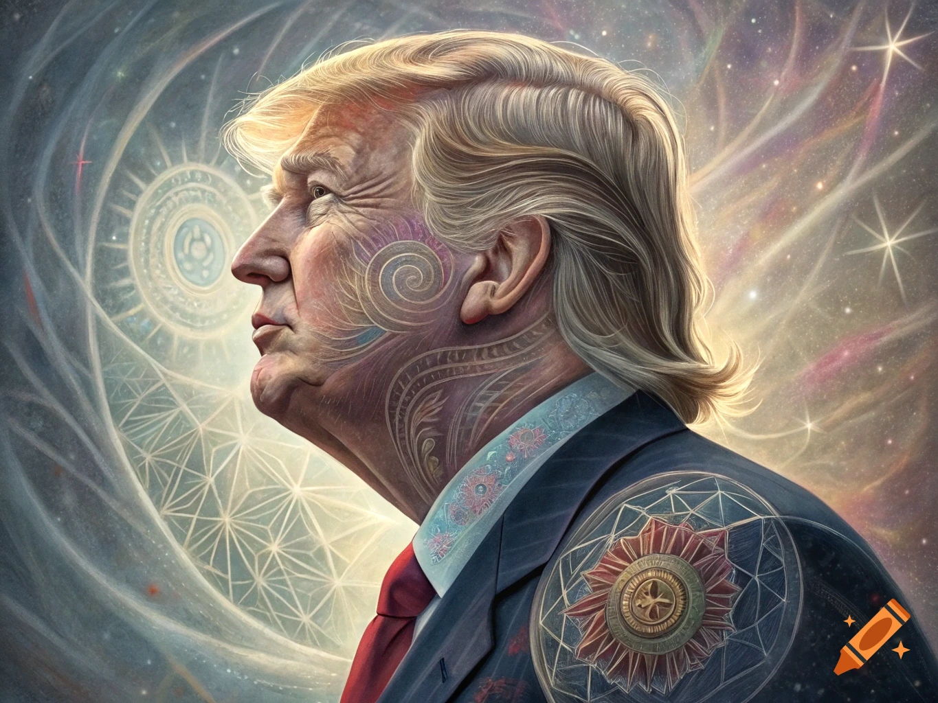 Portrait of Donald Trump in the style of Alex Grey with spiritual patterns on face and suit against a cosmic background.
