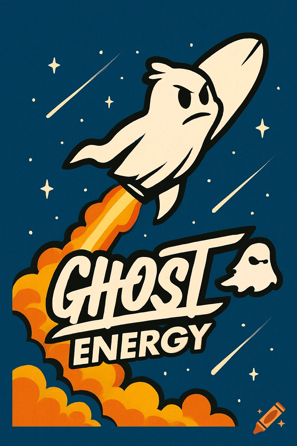 Cartoon ghost rides rocket in space with 'GHOST ENERGY' text. Retro style.
