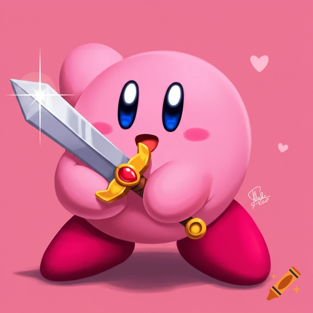 Kirby holds a silver sword on a pink background.