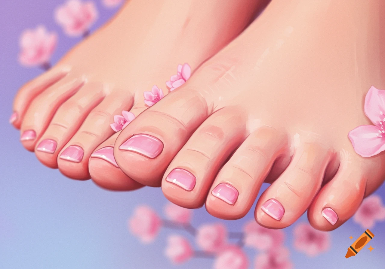 Close-up illustration of bare feet with pink nail polish surrounded by pink cherry blossom flowers.