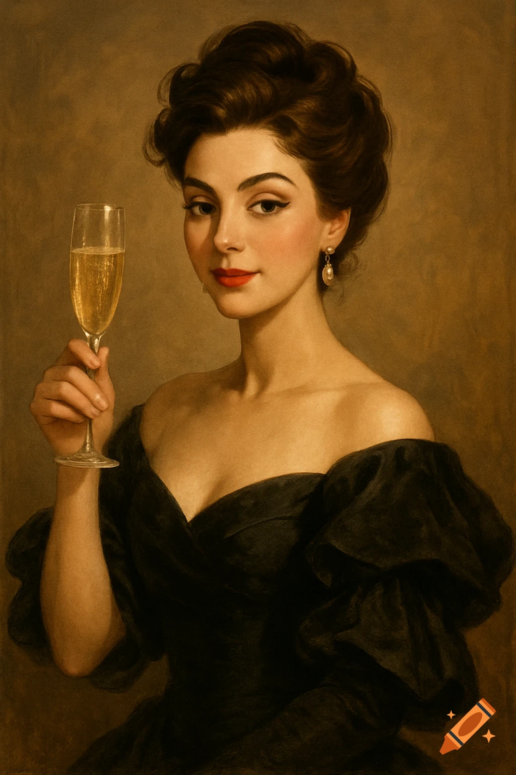 Portrait painting of a woman in a black dress holding a champagne glass ...