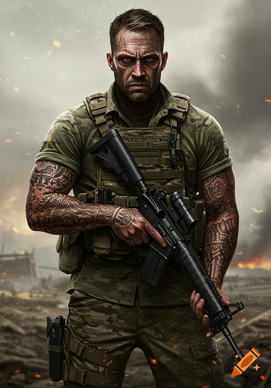A heavily tattooed soldier in camouflage gear holds a rifle in a warzone.