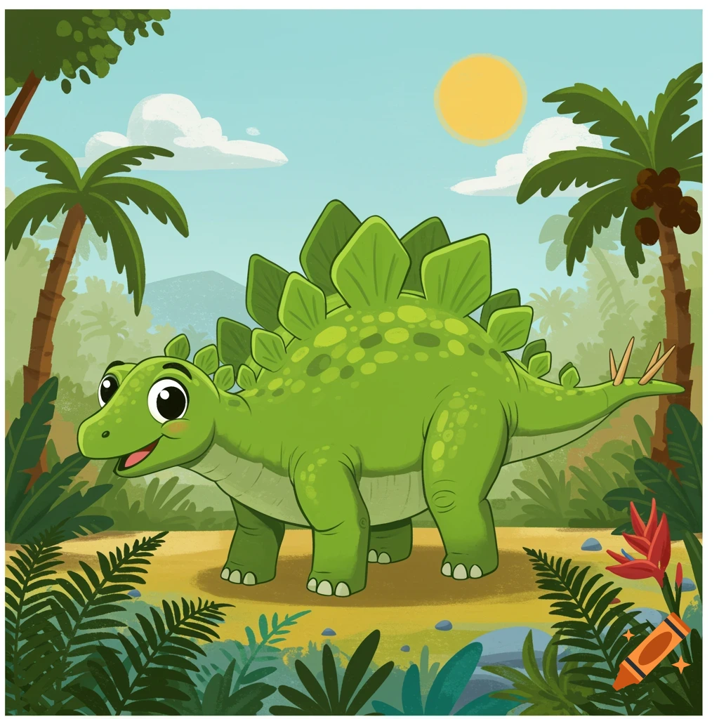 A cute green cartoon stegosaurus stands in a jungle clearing under a sunny sky.