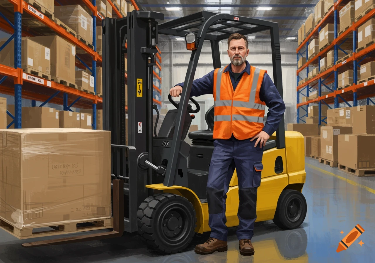 Man in safety vest standing next to a forklift in a warehouse