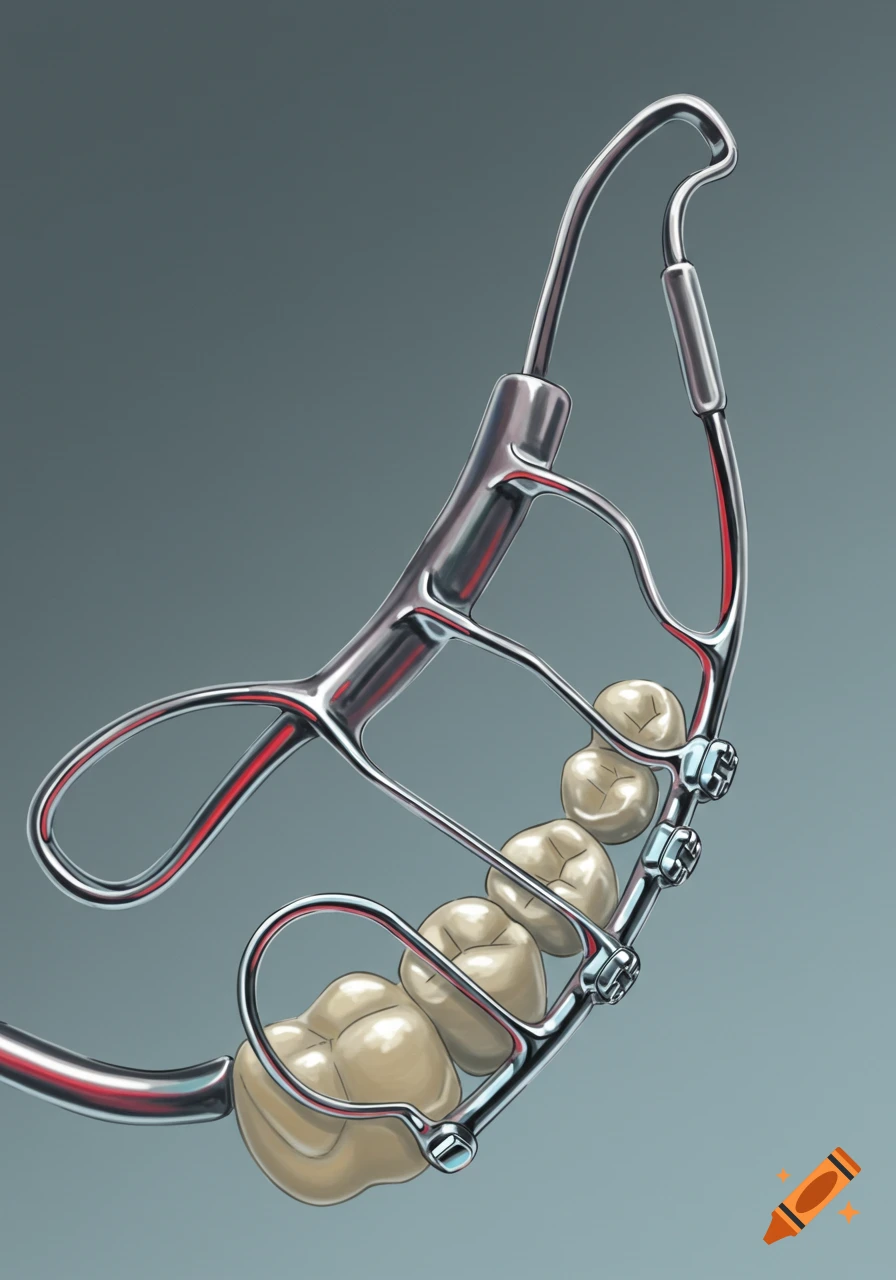 Illustration of a dental appliance with metal wires and artificial teeth.