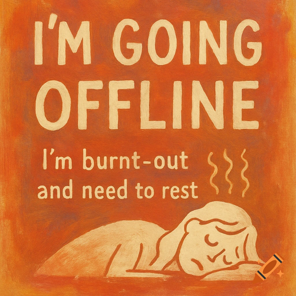 Painting of text 'I'M GOING OFFLINE I'm burnt-out and need to rest' above a sleeping person on an orange background.