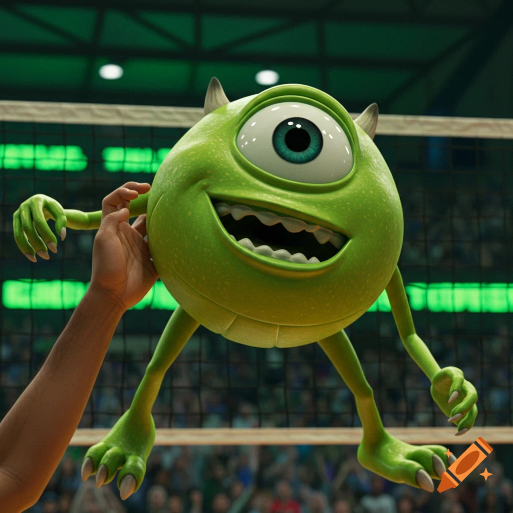 Mike Wazowski as a volleyball getting spiked over a net in a sports arena