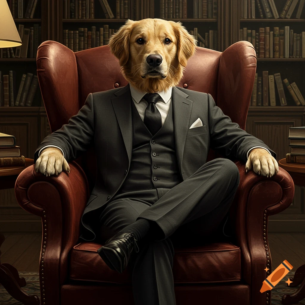 A golden retriever in a suit sits in a leather armchair in a library.