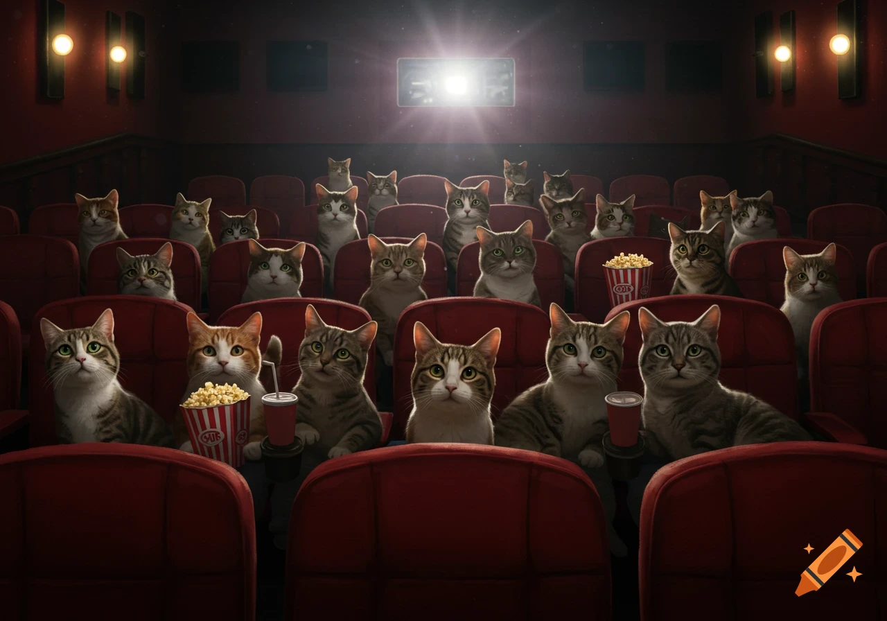 Cats sitting in red seats watching a movie in a dark theater, some holding popcorn and drinks.