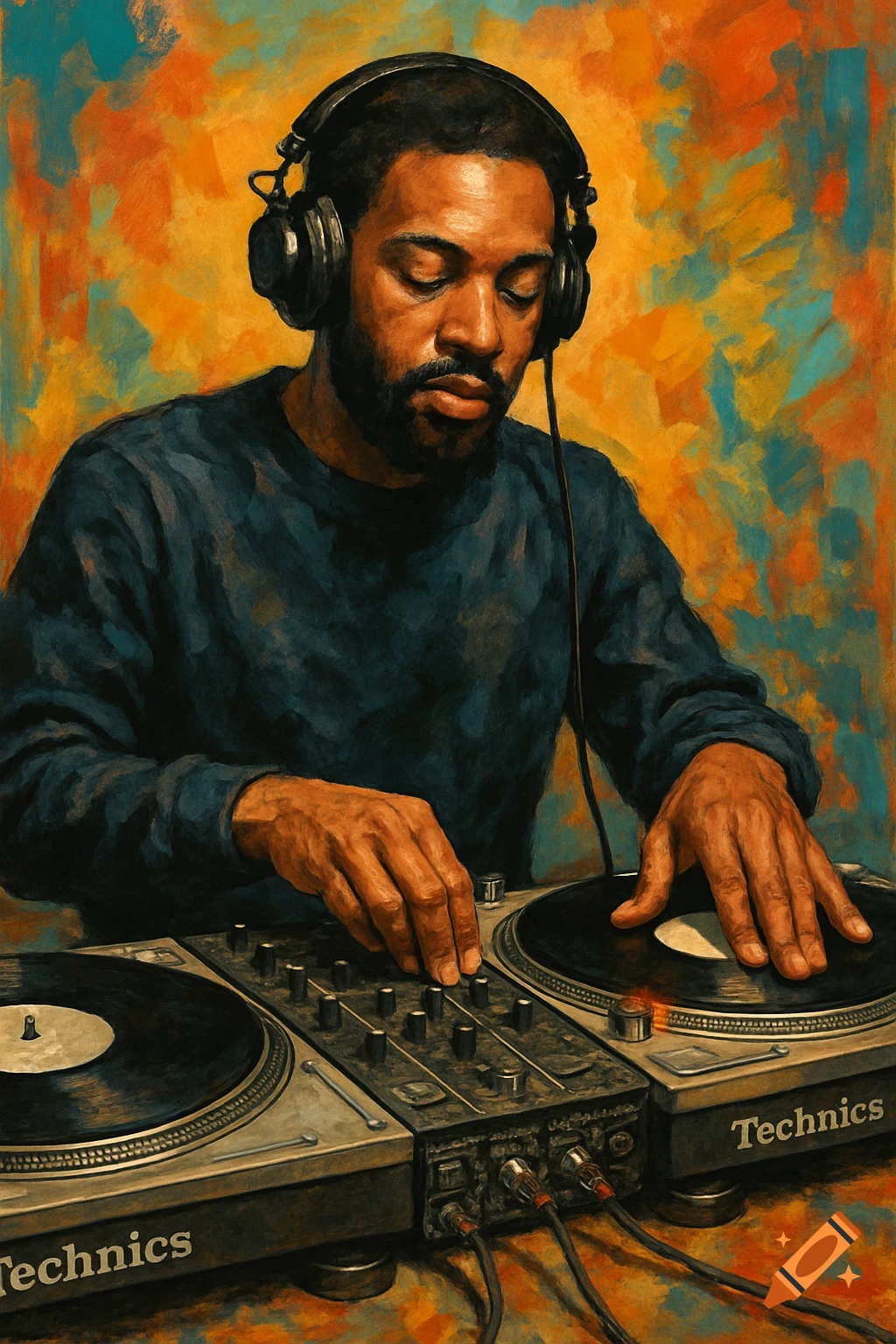 Man wearing headphones DJing on Technics turntables, in a painterly style.
