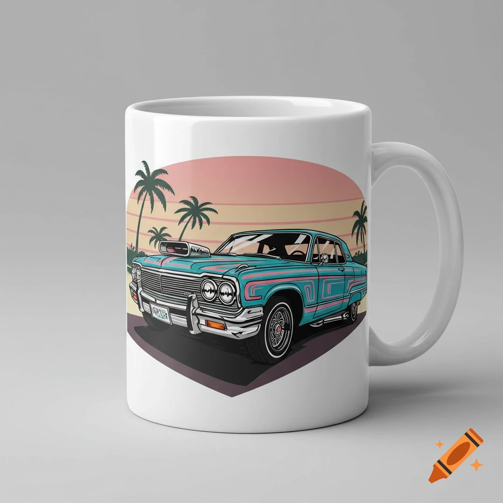 Coffee mug with an illustration of a blue lowrider car and palm trees against a sunset background