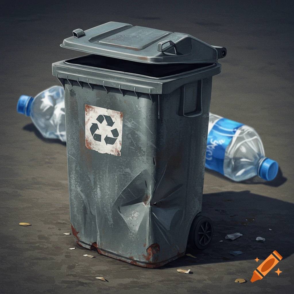 A weathered gray garbage can with a recycling symbol stands with two plastic water bottles lying behind it. Still life art style.