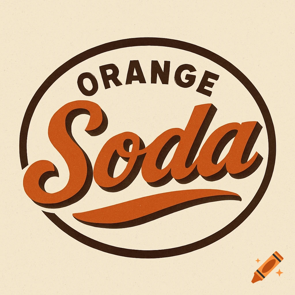 Retro style logo for Orange Soda with orange and brown text in an oval shape.