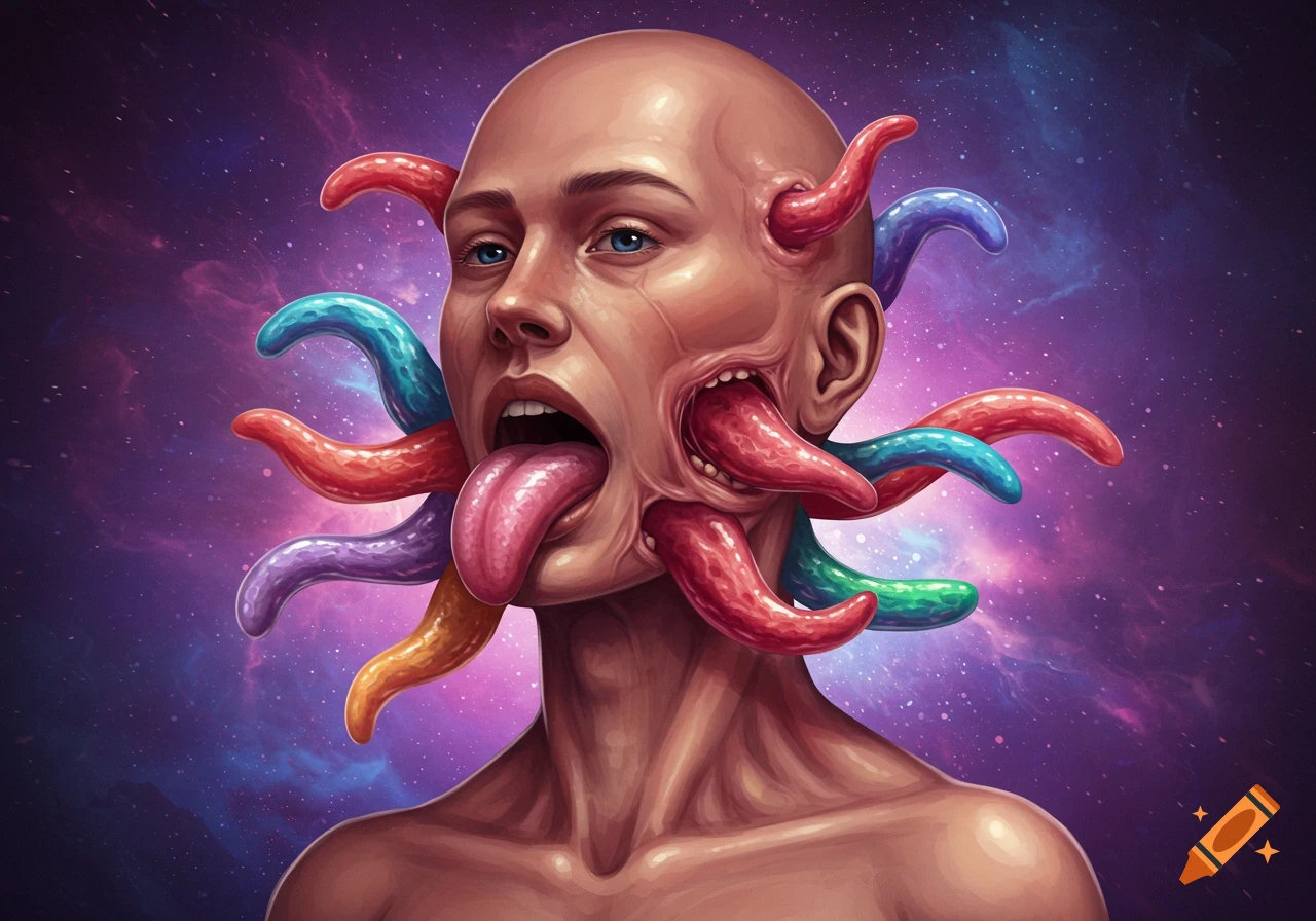 Surreal illustration of a head with multiple colorful tongues emerging from openings, set against a cosmic background.