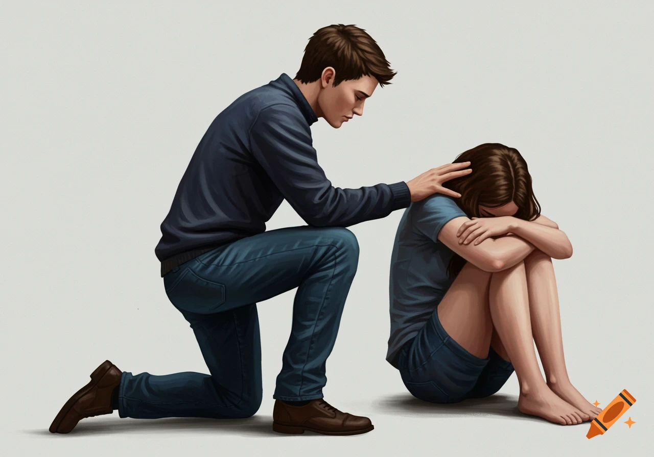 Digital illustration of a man kneeling beside a distressed girl, placing a hand on her shoulder.