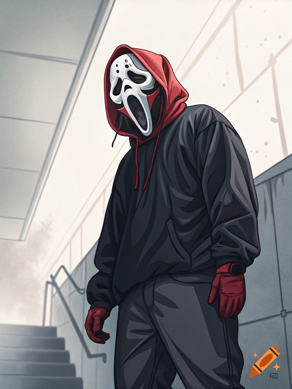 Illustration of a person in a Ghostface mask, red hood, and black hoodie standing on stairs.