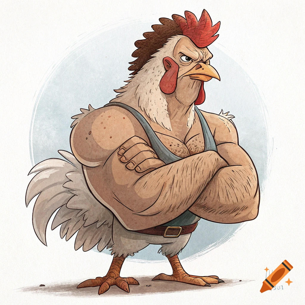Cartoon illustration of a muscly chicken crossing its arms.