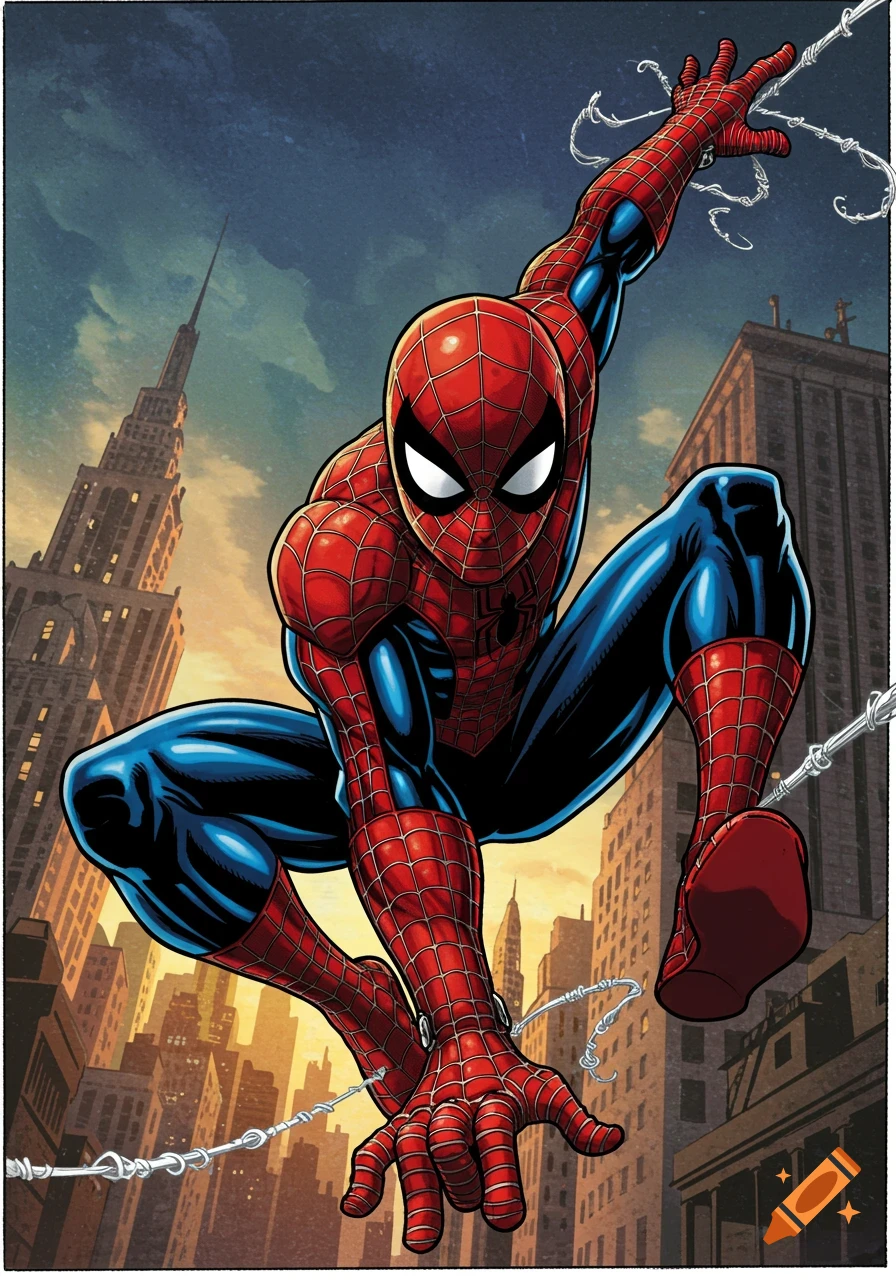 Spider-Man swings through a city skyline in comic book style.