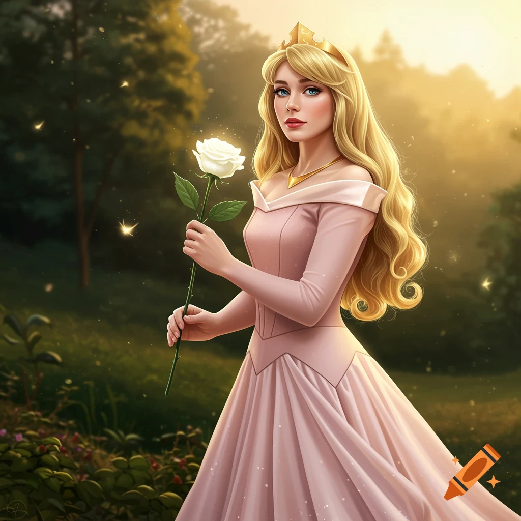 Princess Aurora holding a white rose in a sunlit forest