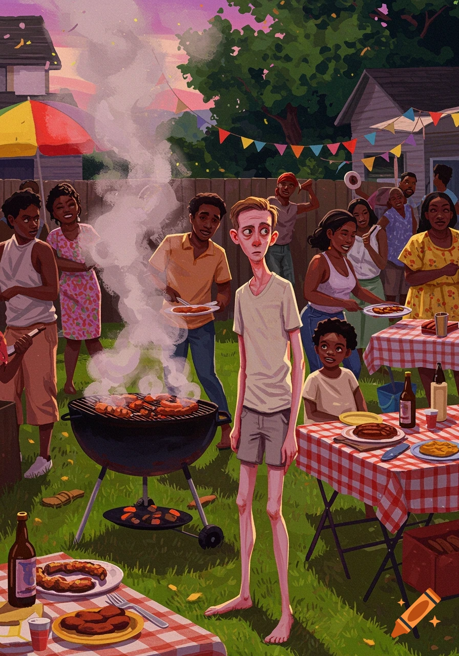 An illustration of a diverse group of people at a backyard barbecue, with a skinny white man standing in the foreground.