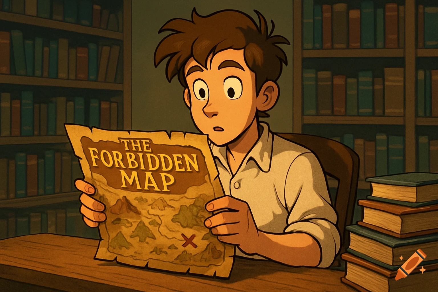 Cartoon boy reads a map titled 'The Forbidden Map' in a library.