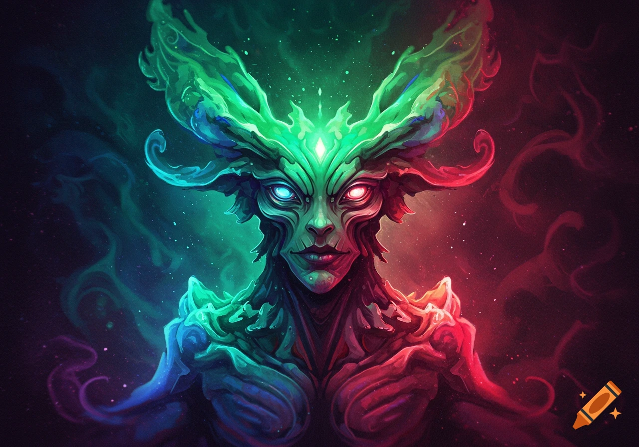 Fantasy creature portrait with glowing blue and red eyes and green head projections, vibrant colors, digital art style.