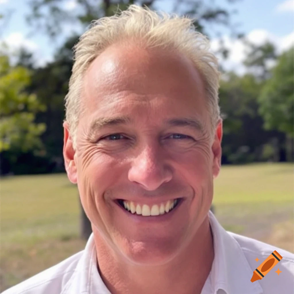 A smiling man in a white shirt outdoors.