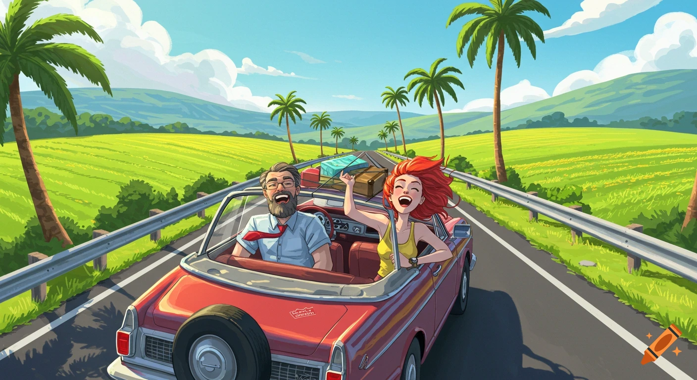 Illustration of a man and woman driving in a red convertible on a sunny road trip with palm trees and green fields.