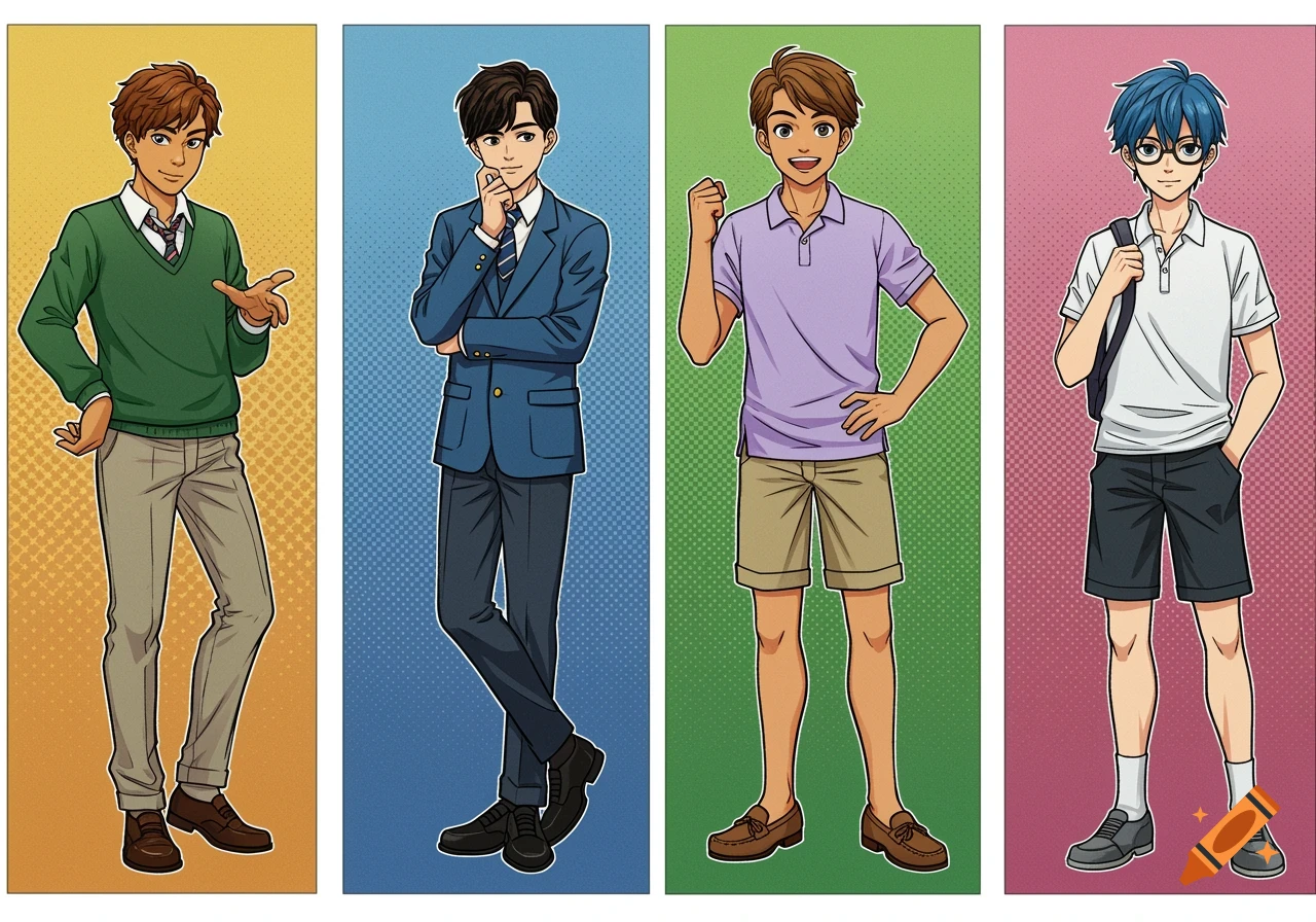 Four anime-style boys in different outfits and poses, standing against colored backgrounds.